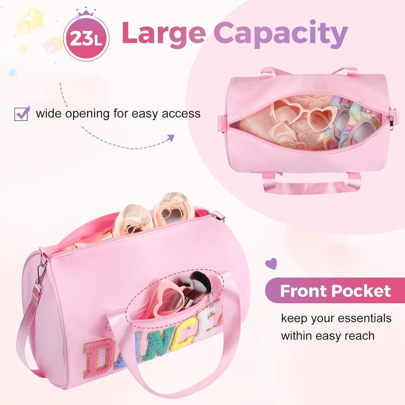 KUIRAN Store Dance Bag for Girls, 23L Waterproof Travel Duffel Bag with Colorful Chenille Letter, Lightweight Small Gym Sport Ballet Bag with Large Main Compartment 15"Lx9"Wx9"H - Light Pink - Image 3